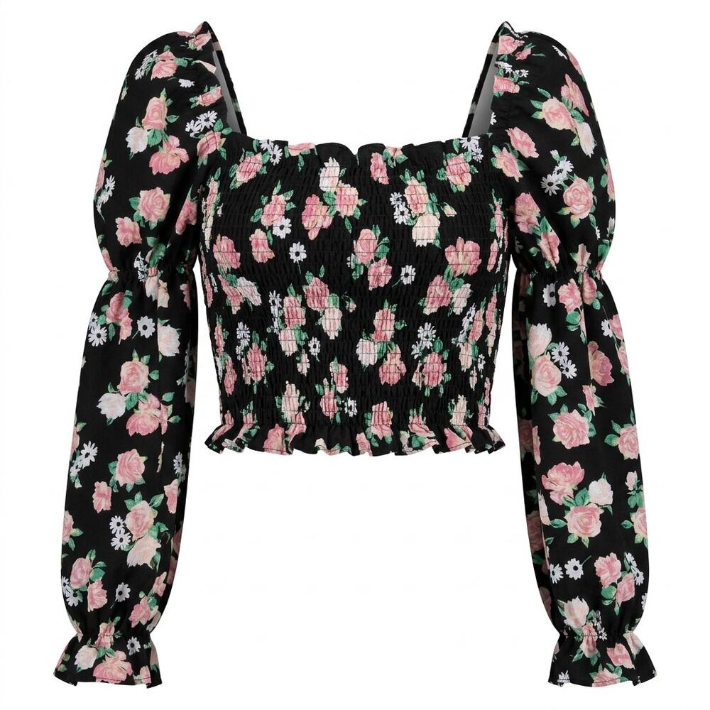 H&M Divided Black Floral Ruffle Smocked Stretch Blouse Women Size M
